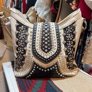 Montana West Black and Cream Embellished Shoulder Bag